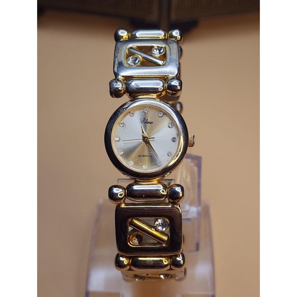 Vtg SOLINA Gold & Silver Tones W Rhinestones Bracelet Watch New Batt. FREE $HIP!